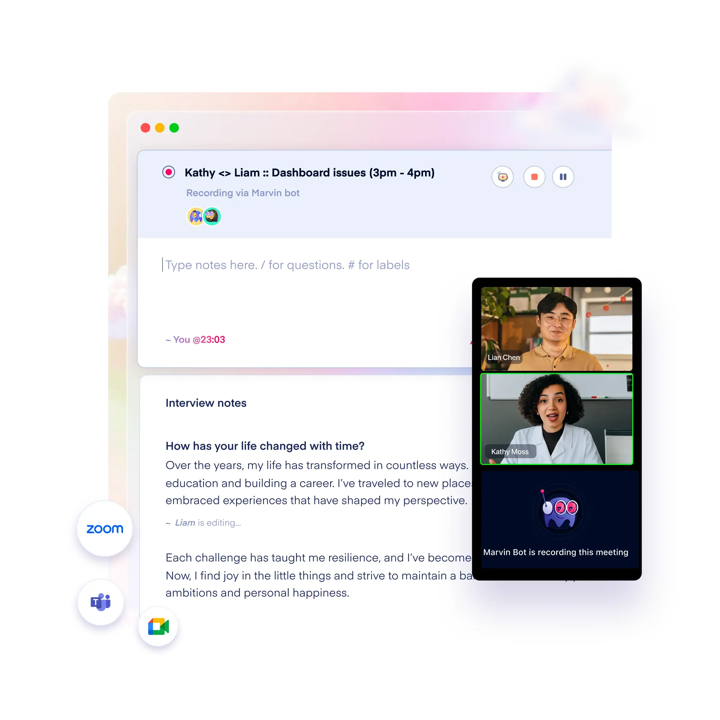 record meetings directly within marvin and ai will automatically take notes